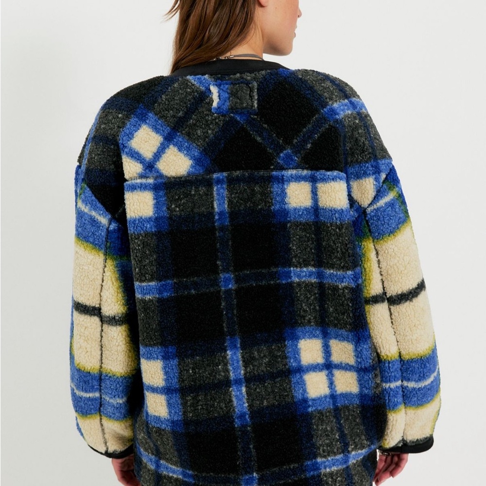 Free People Blue, Black & Cream Plaid Teddy Jacket - Picture 2 of 4